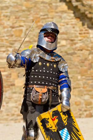 Knight on Historical Festival "Genoa Helmet" in Sudak strongholdのeditorial素材