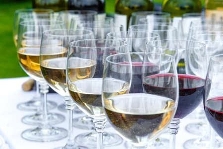 glasses of white and red wineの写真素材