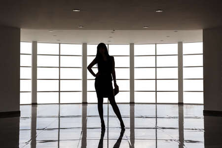 Silhouette of Young Attractive woman dressed in a business suit with a short skirt is standing against the big empty window in a white office, holding a note book.の写真素材