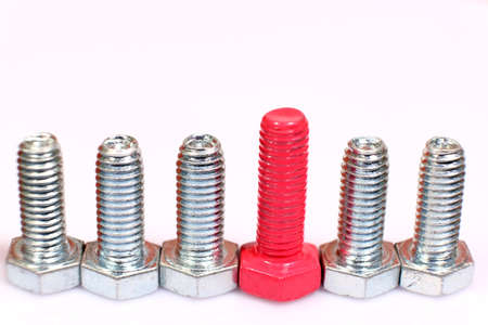 Close-up of pink bolt in a group of galvanized metallic screws.の写真素材