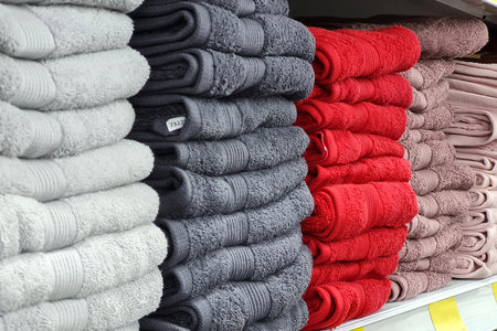 Stacks of beautiful white, gray, red towels of pastel colors sells on a showcase in the store. Scandinavian style, lagom.の写真素材