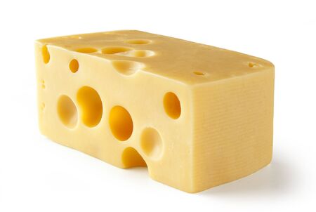 Isolated piece of cheese on the white backgroundの写真素材