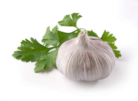 Isolated whole garlic with green parsley on the white