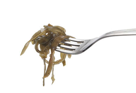 Salad with laminaria and onion on the forkの写真素材