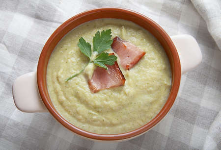 Cream soup with a bacon in the bowlの写真素材