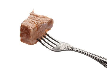 Piece of steamed salmon on the metal forkの写真素材