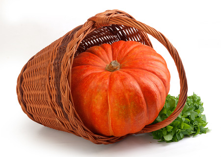 Isolated orange pumpkin with green basil in the brown basketの写真素材