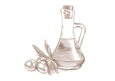 Drawing of olives with leaves and bottle with oilのイラスト素材