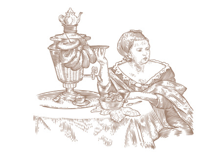 Drawing of woman drinking tea with bagelsのイラスト素材