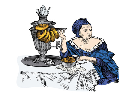 Drawing of woman drinking tea with bagelsのイラスト素材