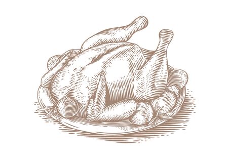 Drawing of baked chicken with vegatables on the brown plateのイラスト素材