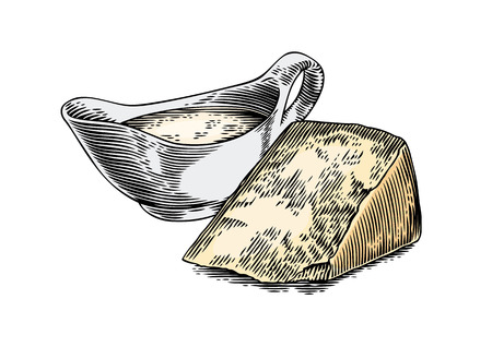 Drawing of cheese sauce in sauceboat and piece of hard cheeseのイラスト素材