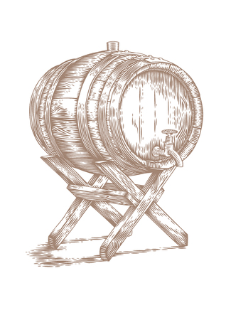 Drawing of wooden barrel with wine or beer on the wooden standのイラスト素材