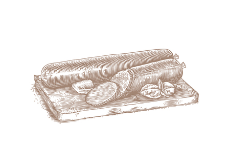 Drawing of smoked sausage and basil leaves on the wooden boardのイラスト素材