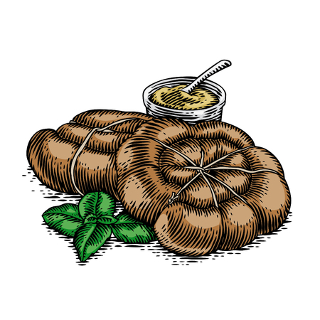 Homemade sausages with mustard and fresh green basilのイラスト素材