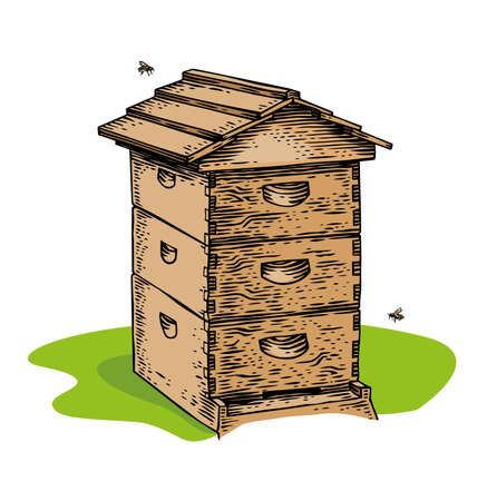 Isolated wooden bee hive and two beesのイラスト素材