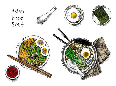 Drawing of lot of Asian food - ramen, rice and moreのイラスト素材