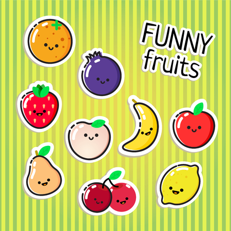 Collection of vector fruits stickers - can be used for learning food names with kids or as an element in healthy lifestyle design.のイラスト素材