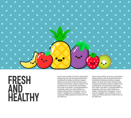 Healthy eating vector concept with flat fruits, vegetables and copyspace. Diet and organic food template. Great for healthy magazines, cooking web sites and restaurant newsletters.のイラスト素材