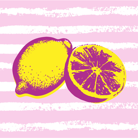 Vector hand drawn Lemons with striped background. Exotic tropical fruit. Sketch. Pop art. Perfect for invitations, greeting cards, posters.のイラスト素材