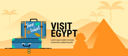 Web page or banner template with suitcases. Trip to Egypt. Time to travel. Travel banner. Flat style.のイラスト素材