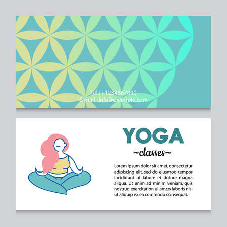 Business card or flyer template for yoga retreat or yoga studio, flower of life pattern backdrop. Flat design.のイラスト素材