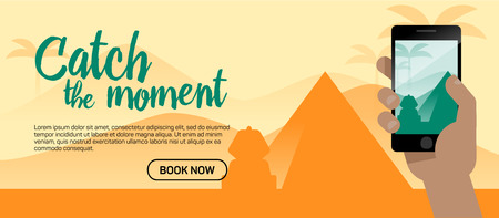 Taking a photo with mobile phone camera in human hands on vacation time. Modern flat style illustration with pyramid, Sphinx and other symbols of Egypt for travel banner.のイラスト素材