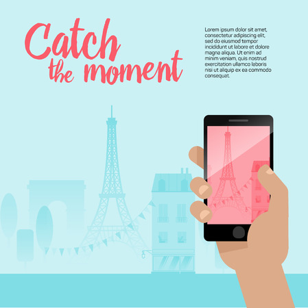 Taking a photo with a mobile phone. Modern flat style illustration with Tour Eiffel and other symbols of France. Travel banner.のイラスト素材