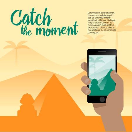 Taking a photo with mobile phone camera in human hands on vacation time. Modern flat style illustration with a pyramid, Sphinx and other symbols of Egypt for travel banner.のイラスト素材
