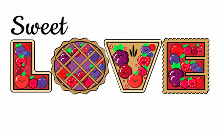 Healthy eating vector concept, word LOVE composed of berry pies as bakery template.のイラスト素材