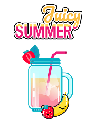 Hand drawn illustration of smoothie glass jar with strawberry, mint and banana on a white background. Juciy summer letteringのイラスト素材