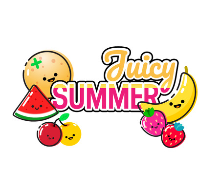 Hand drawn illustration of cute fruits and Juicy Summer lettering on a white backgroundのイラスト素材