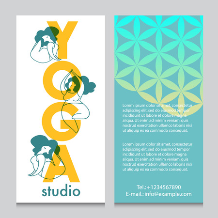 Banner or flyer template for yoga retreat or yoga studio, flower of life pattern backdrop. Flat design.のイラスト素材
