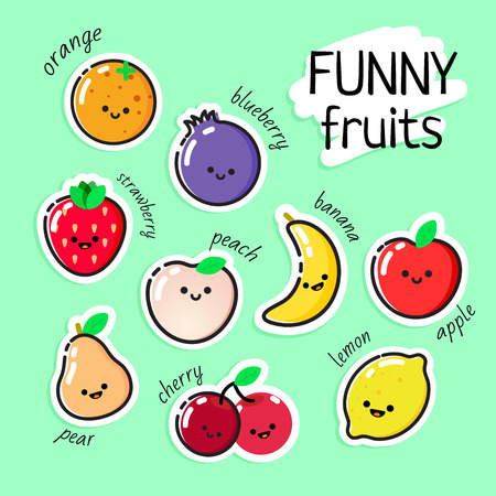 Collection of vector fruits stickers - can be used for learning food names with kids or as an element in healthy lifestyle design.のイラスト素材
