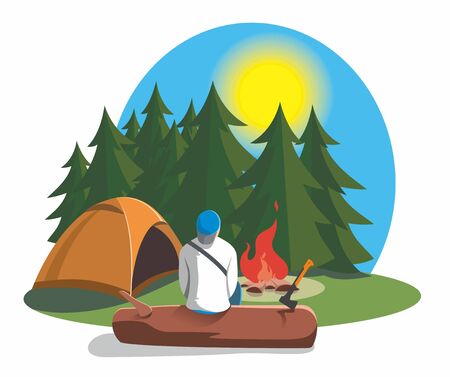 Camping. A summer camp for tourists, there is an orange tent among firs and pines, a bright bonfire burns. A tourist sits on a log, a guy in a cap with an ax. Hiking in the mountains on a sunny dayのイラスト素材
