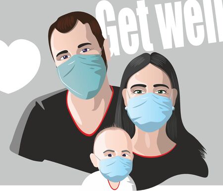 Family in medical masks. Cheerful mom, dad and baby on a gray backgroundのイラスト素材