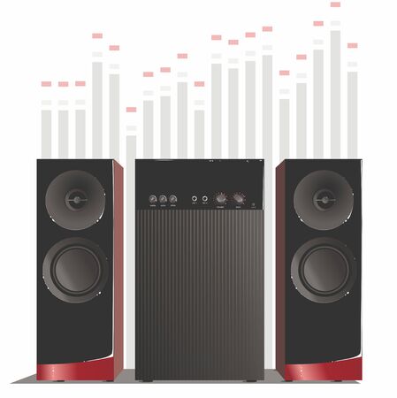 Black music speakers with red accents and a subwoofer, on the background of the equalizerのイラスト素材
