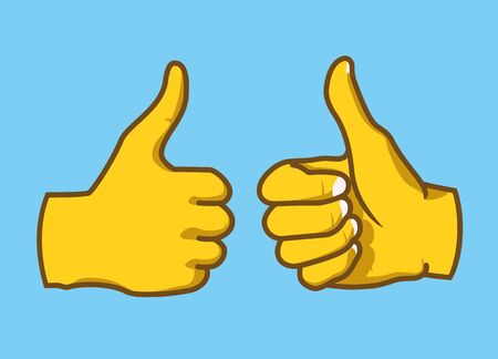 Thumb up from two angles. Outside and inside. Realistic yellow emoji on a blue backgroundのイラスト素材