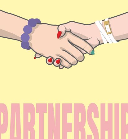 Partnership. Female handshake. Vector hands with bracelets and painted nails. Positive moodのイラスト素材