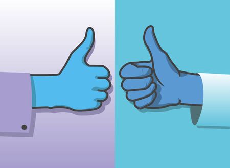 Hand with a raised finger up in a medical glove. Two angles: inside and outside. On a blue and purple background.のイラスト素材
