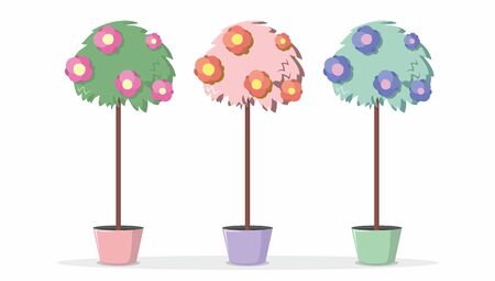 Three flowerpots in pots. Bright flowers on a vegetable crown. Three color schemesのイラスト素材