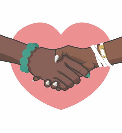 Same-sex marriage. Civil partnership. Handshake on the background of a pink heart symbolizes the union of lesbiansのイラスト素材