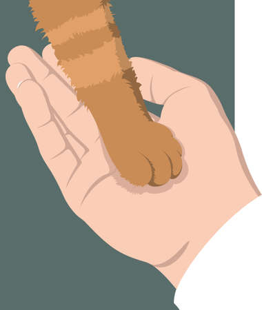 The ginger tabby cat laid its paw on the mans open palm. The illustration symbolizes the care of the animal. protection of animal rights. vector flat designのイラスト素材