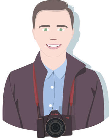 A male photographer in a dark coat and blue shirt smiles and looks forward. A SLR camera with a red strap hangs on his neck. Behind him is a shadow on a white background. vector drawingのイラスト素材