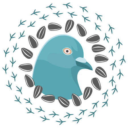 The head of a turquoise dove in a circle of seeds and bird foot prints. Vector dove isolated on a white background.のイラスト素材
