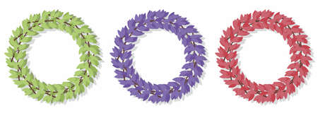 Three wreath of fresh branches forms an circle. Vector frame of green purple and red leaves isolated on white background. Design elements and greeting cardsのイラスト素材