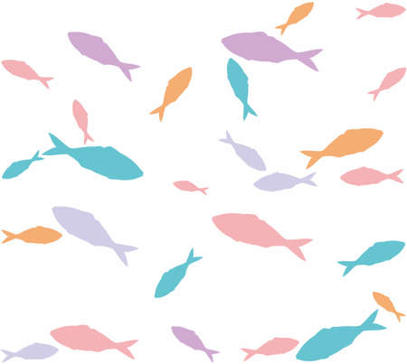 Ocean fish pattern on a white background. Silhouettes of sea fish of different colors isolated on a white background. Tuna floating in different directions. Endless seamless wallpaper.のイラスト素材