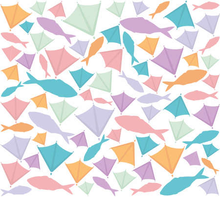 Pattern of ocean fish and gull flippers. Feet of seagulls mixed with colorful fish isolated on a white background. Endless seamless vector pattern of marine subjects.のイラスト素材
