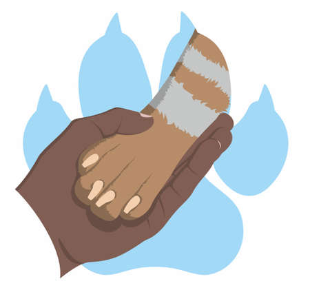 The hand gently holds a dogs paw on the background of the imprint of a blue dogs paw. Symbol of love for dogs. animal protection community. Vector flat design.のイラスト素材
