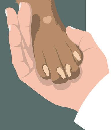 Hand gently holds a dog paw on a green background. Symbol of love for dogs. animal protection community. Vector flat design.のイラスト素材